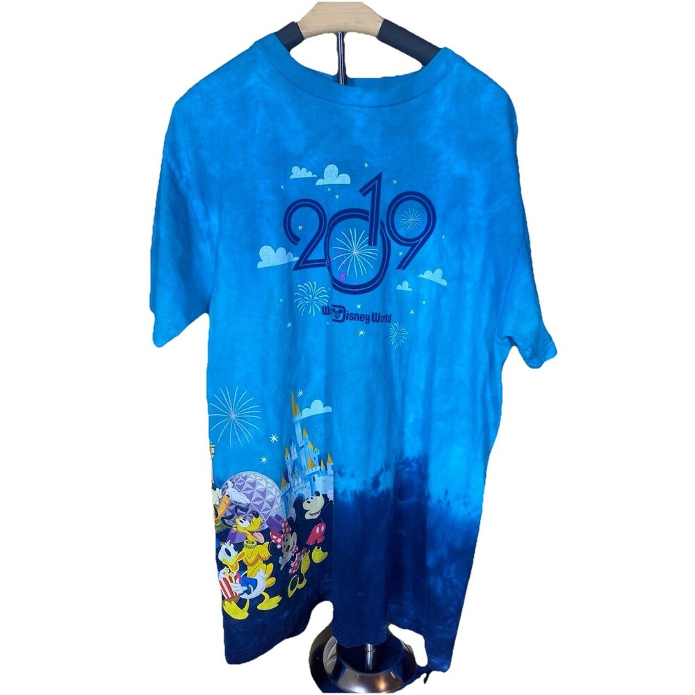 2019 Walt Disney World T-Shirt Blue Tie Dye Mickey Minnie Goofy Donald Pluto EUC